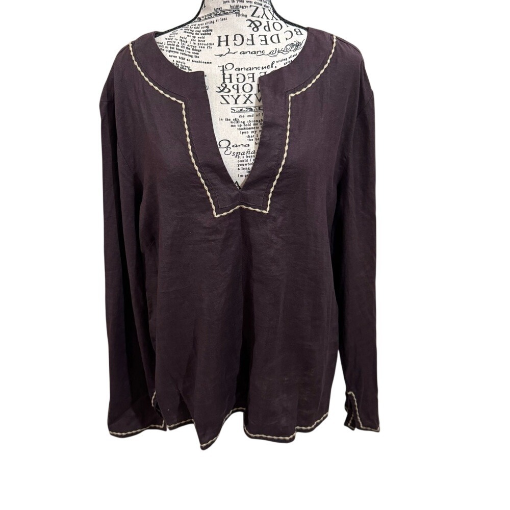 Old Navy Dark Brown Linen‎ Top with Cream Stitching